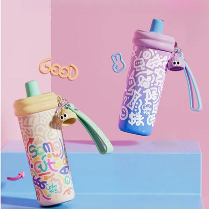 Graffiti Insulated Water Bottle – 600ML Stainless Steel Thermos with Straw