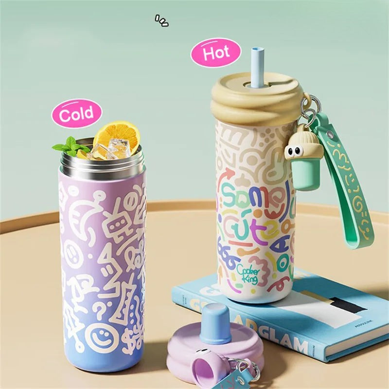 Graffiti Insulated Water Bottle – 600ML Stainless Steel Thermos with Straw