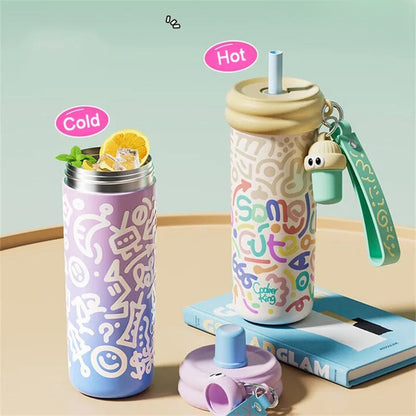Graffiti Insulated Water Bottle – 600ML Stainless Steel Thermos with Straw